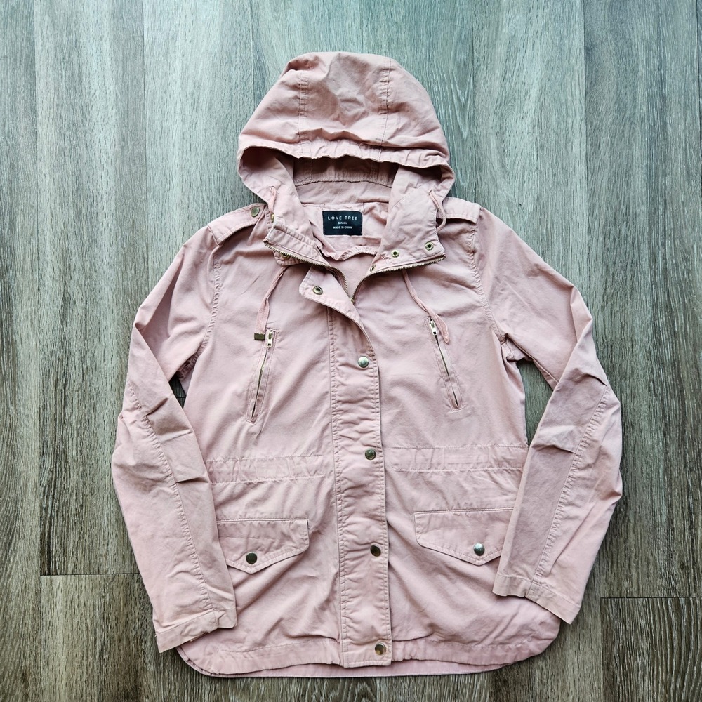 Love Tree Womens Dusty Rose Pink Cotton Utility Anorak Hooded Jacket Small